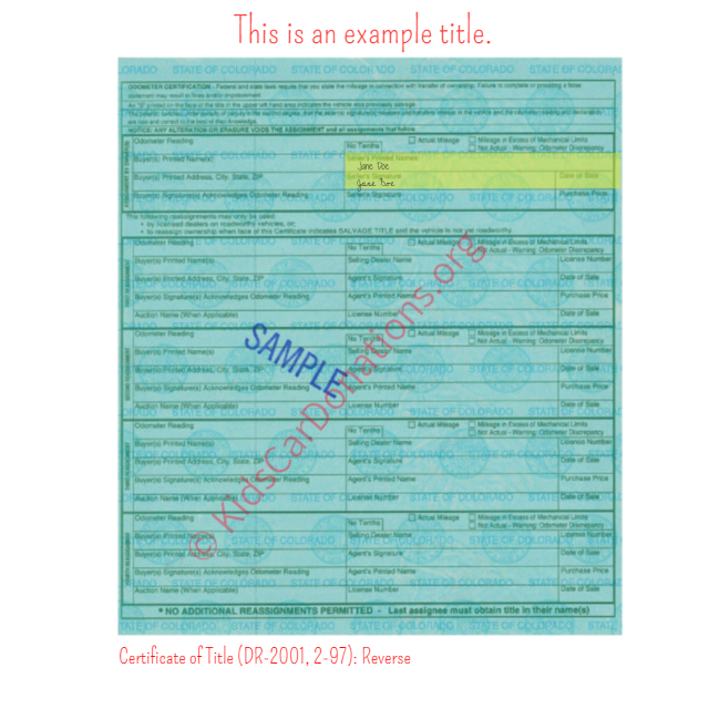 This is an Example of Colorado Certificate of Title (DR-2001, 2-97) Reverse View | Kids Car Donations